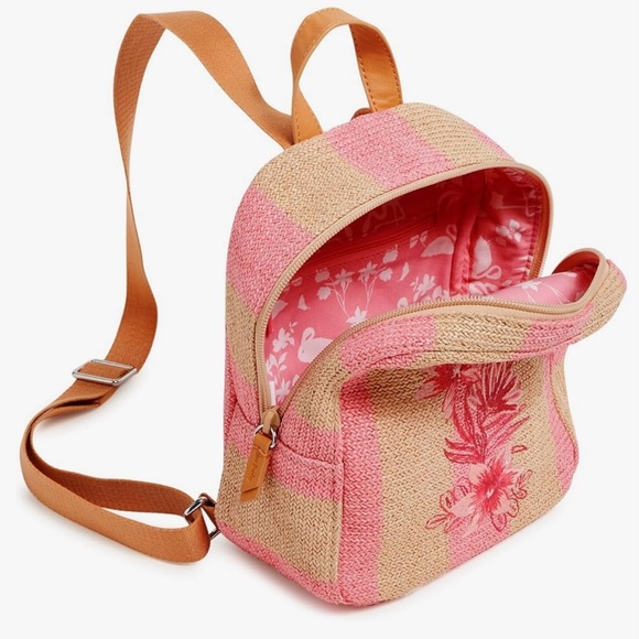 Vera Bradley Mini Straw Backpack in “Candy Pink Stripe” pink embroidery.  NWT - Picture 2 of 4